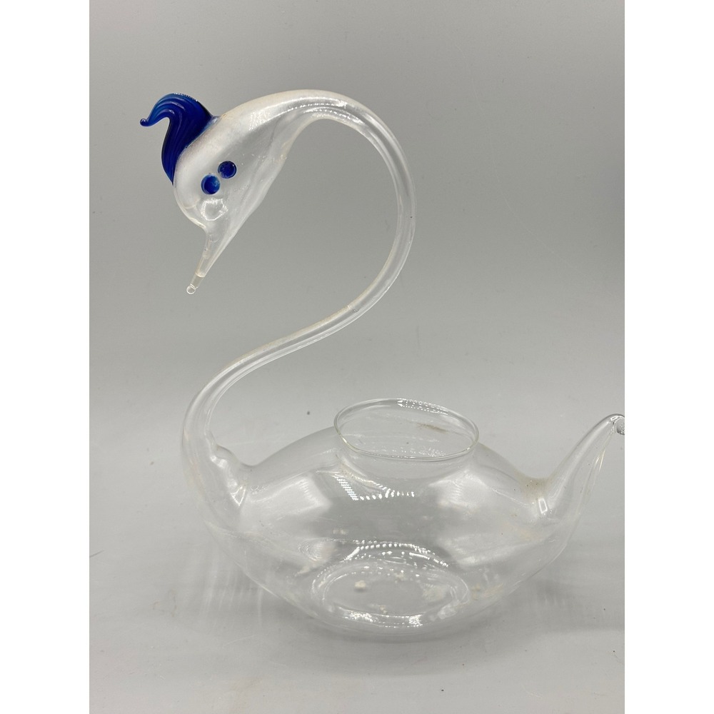 Vintage Hand Blown Clear Glass Swan‎ Figurine Vase Cobalt Blue Accents 8.5 Inch